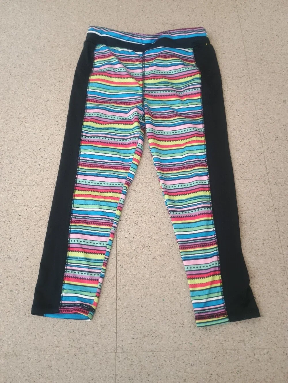 Kidpik Girls' L 12 Multicolor Stripe Athletic Leggings with Black Side Panels